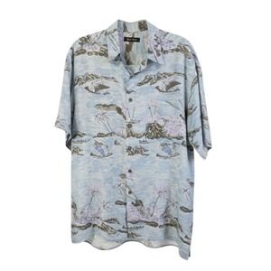 Silk Icon Men's Silk Hawaiian Shirt, Mountain Boat Print, Short Sleeve, Large